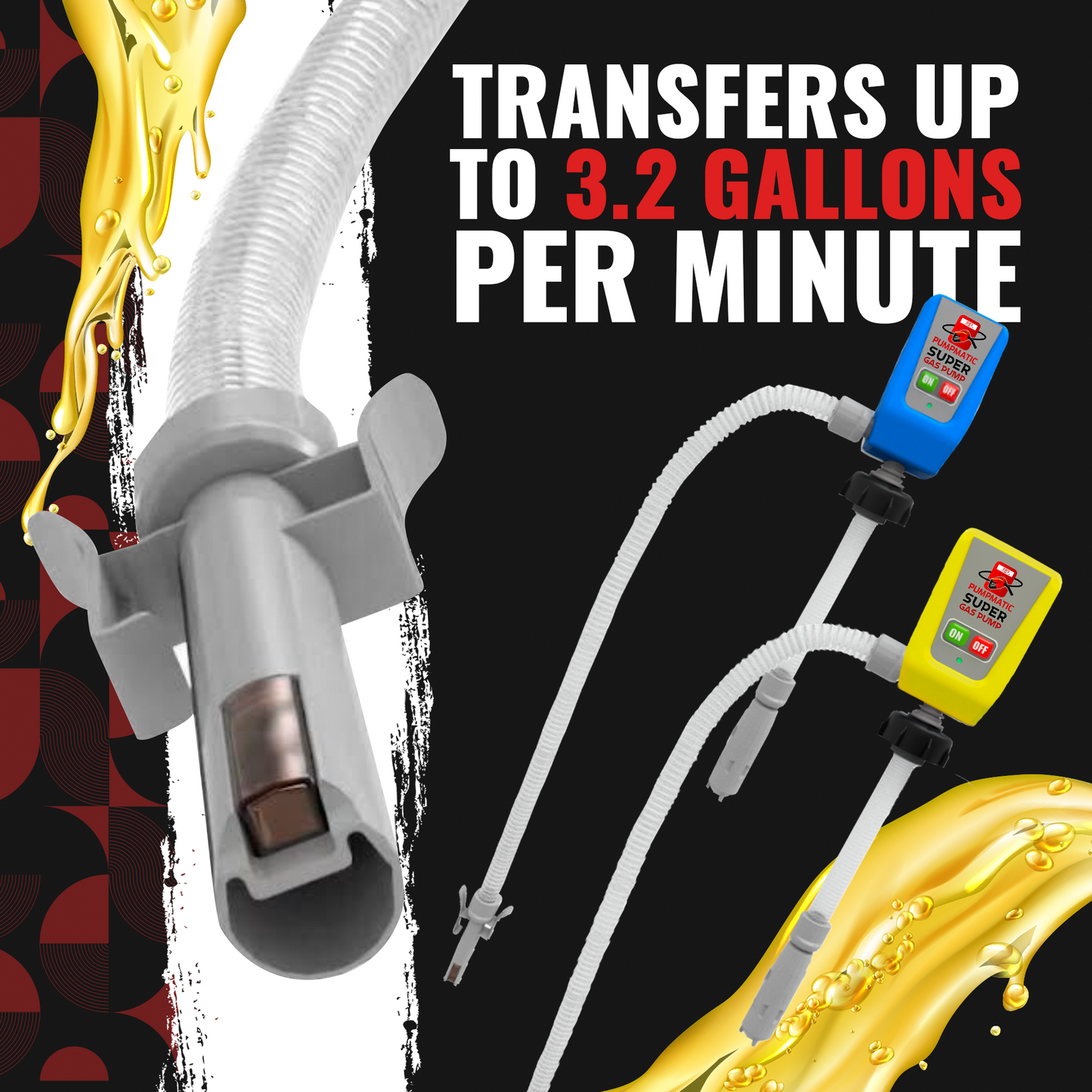 PumpMatic Super Gas Pump Fuel Transfer Pump for Gas, Diesel, Kerosene + 3 Power Sources w/ Extra Long Hose Siphon - BRS Super Battery