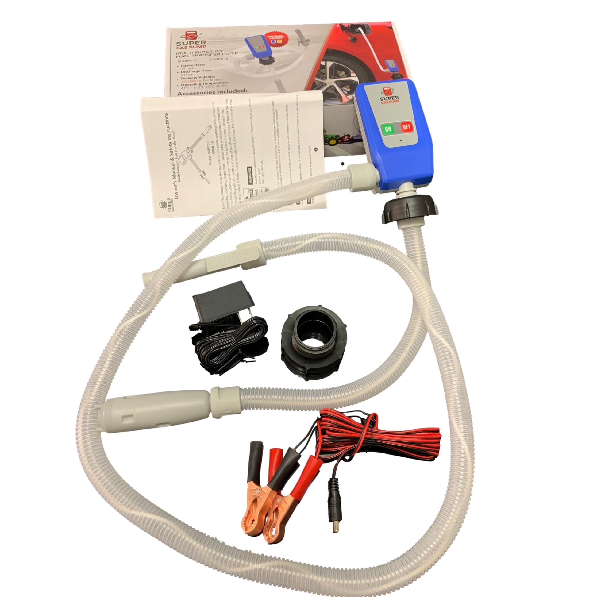 PumpMatic Super Gas Pump Fuel Transfer Pump for Gas, Diesel, Kerosene + 3 Power Sources w/ Extra Long Hose Siphon - BRS Super Battery