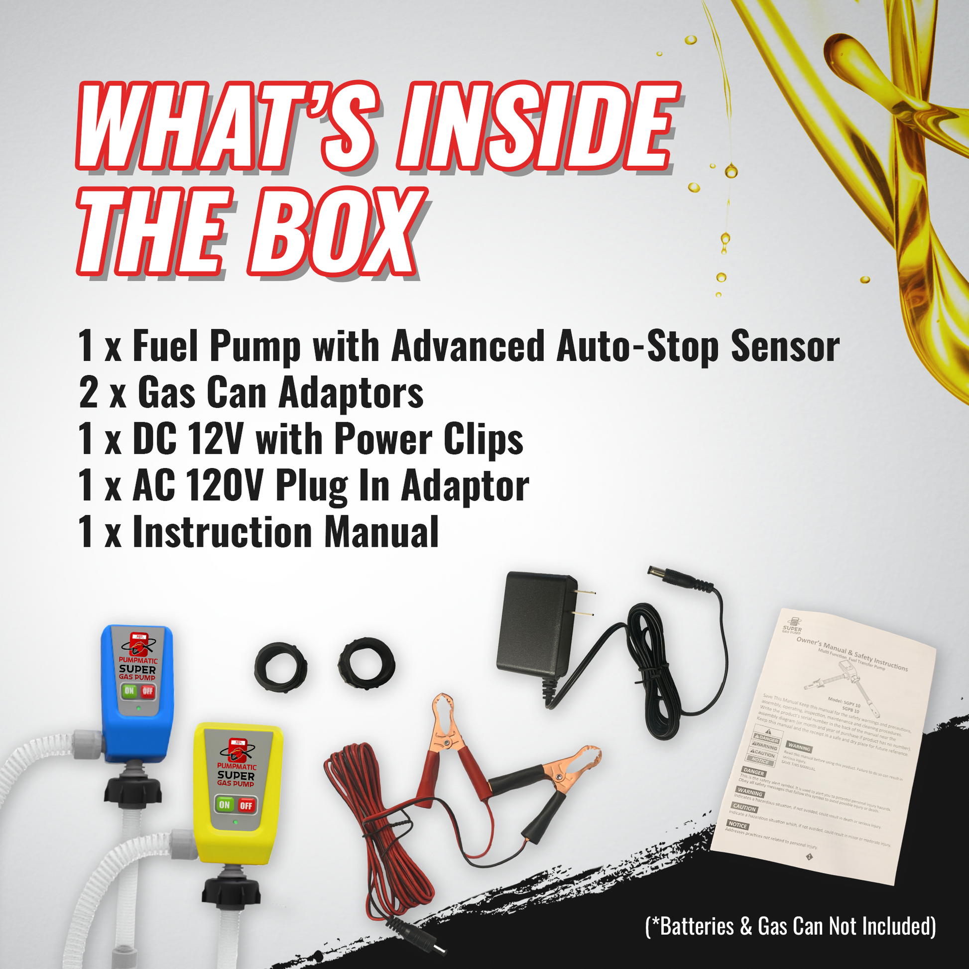 PumpMatic - Diesel Fuel Pump - Transfer Gas, Kerosene + Siphon Pump + 3 Power Sources w/ 4.25 Ft Hose - BRS Super Battery